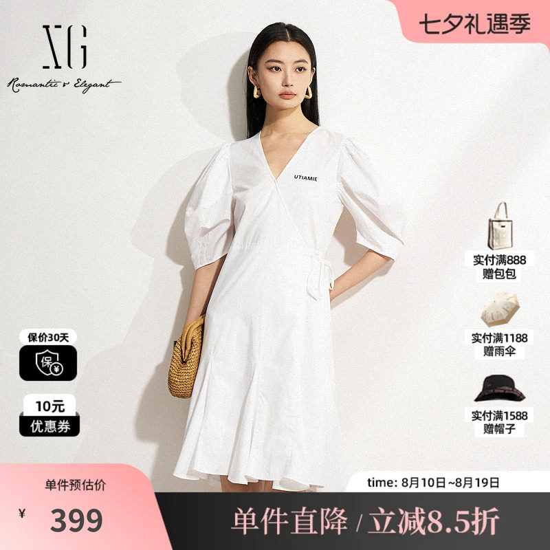 XG/雪歌XK204510A851白色纯棉泡泡袖连衣裙V领鱼尾收腰显瘦套头裙