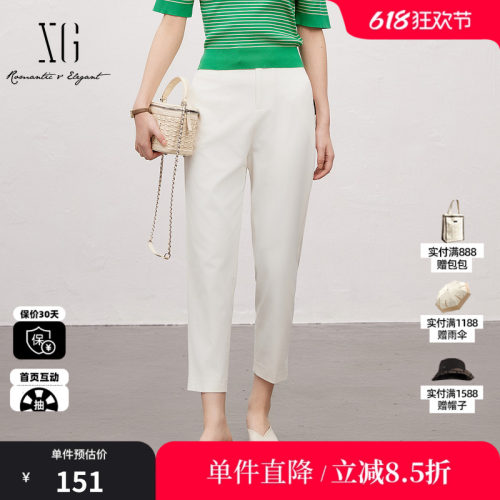 XG雪歌XJ202039A851白色薄款休闲裤时尚夏季新款松紧腰直筒长裤女