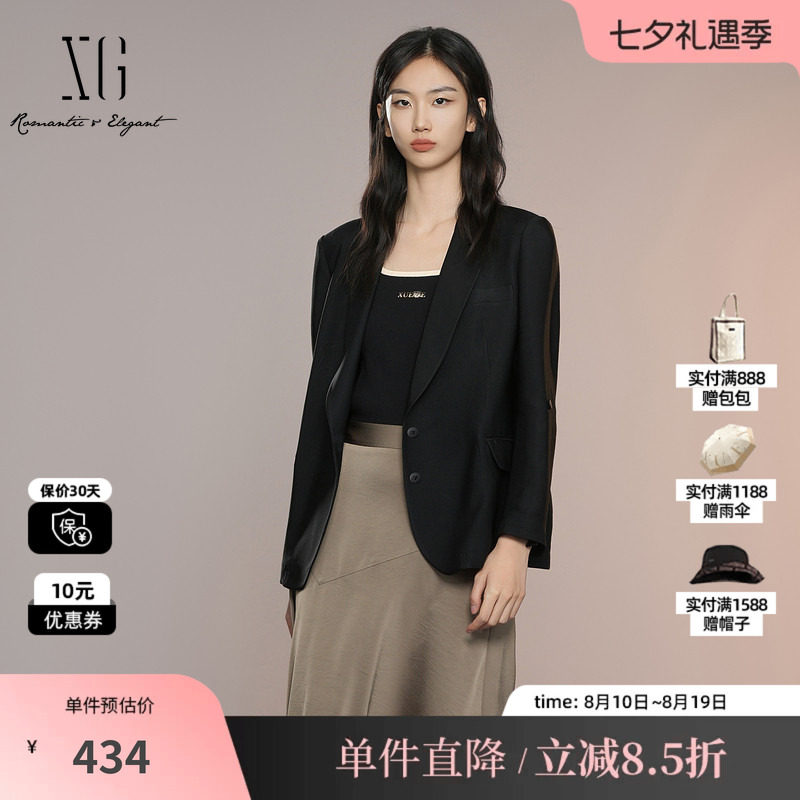 XG/雪歌XK307004A290 黑色醋纤七分袖挽边通勤休闲直筒西装外套女