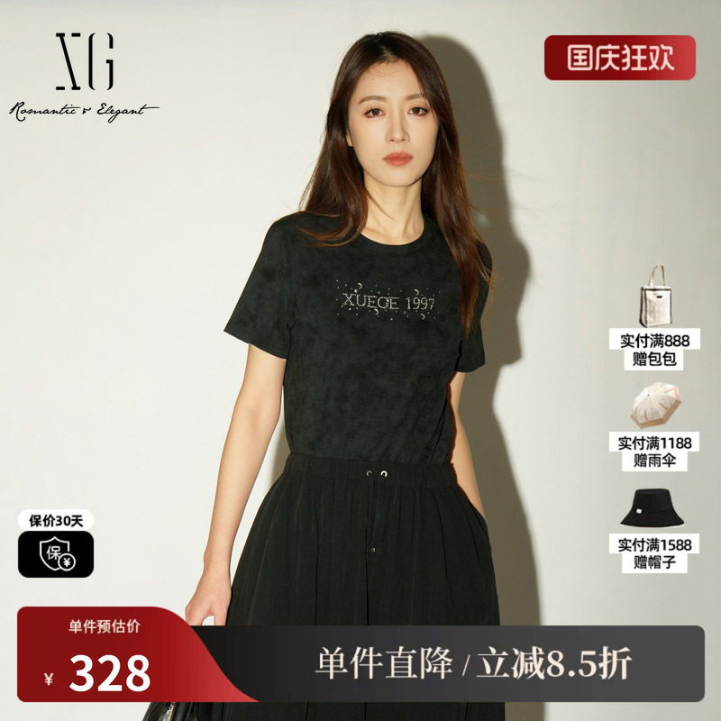 XG/雪歌XL201029A990黑色莱赛尔短袖T恤字母薄款简约通勤休闲女装