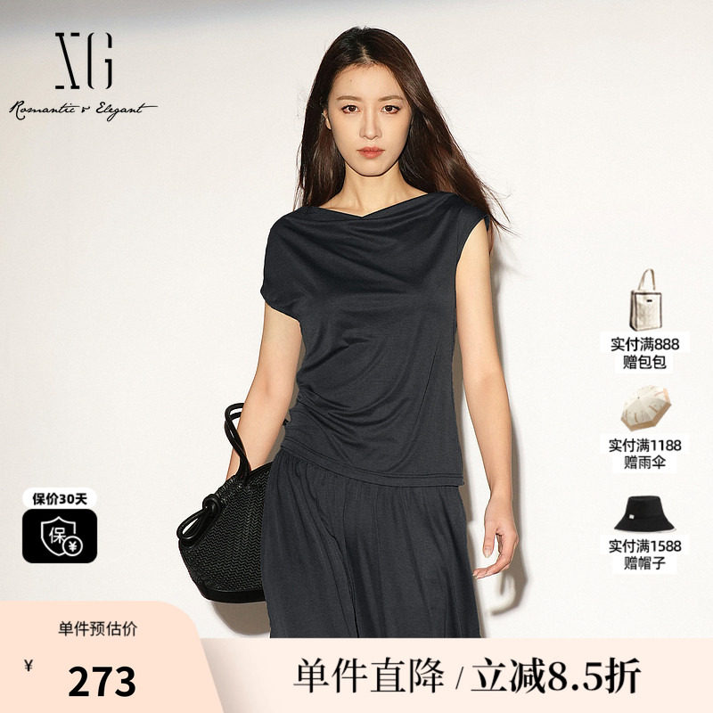 XG/雪歌XL201028A983灰色荡领修身T恤蝙蝠袖捏褶薄款休闲上衣女装
