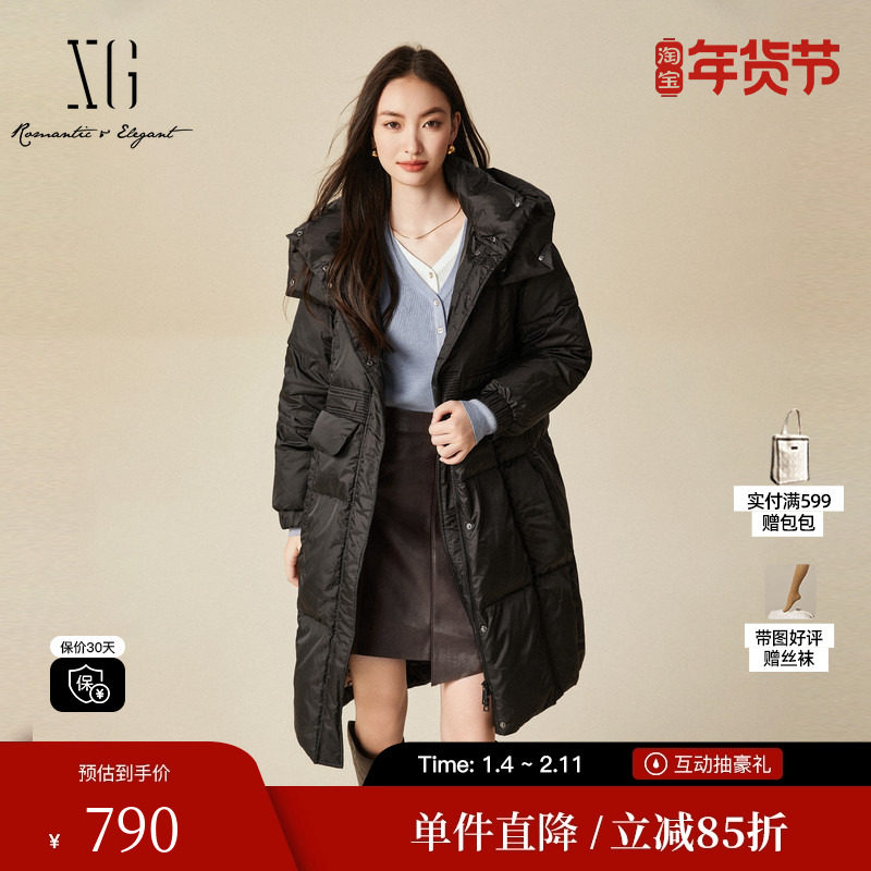 XG雪歌XJ406076A390中长款鹅绒羽绒服时尚冬季新款黑色保暖外套女