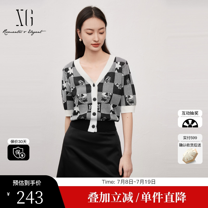 XG雪歌XJ211014B697黑色薄款短袖毛针织衫时尚夏季新款开衫上衣女