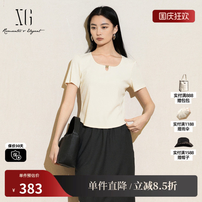 XG/雪歌XL201008A591米白色圆领镂空短袖T恤修身百搭薄款上衣女装