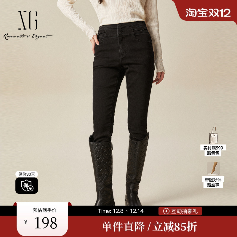 XG/雪歌XJ402040A190棉弹高腰牛仔裤时尚冬季新款修身直筒长裤女