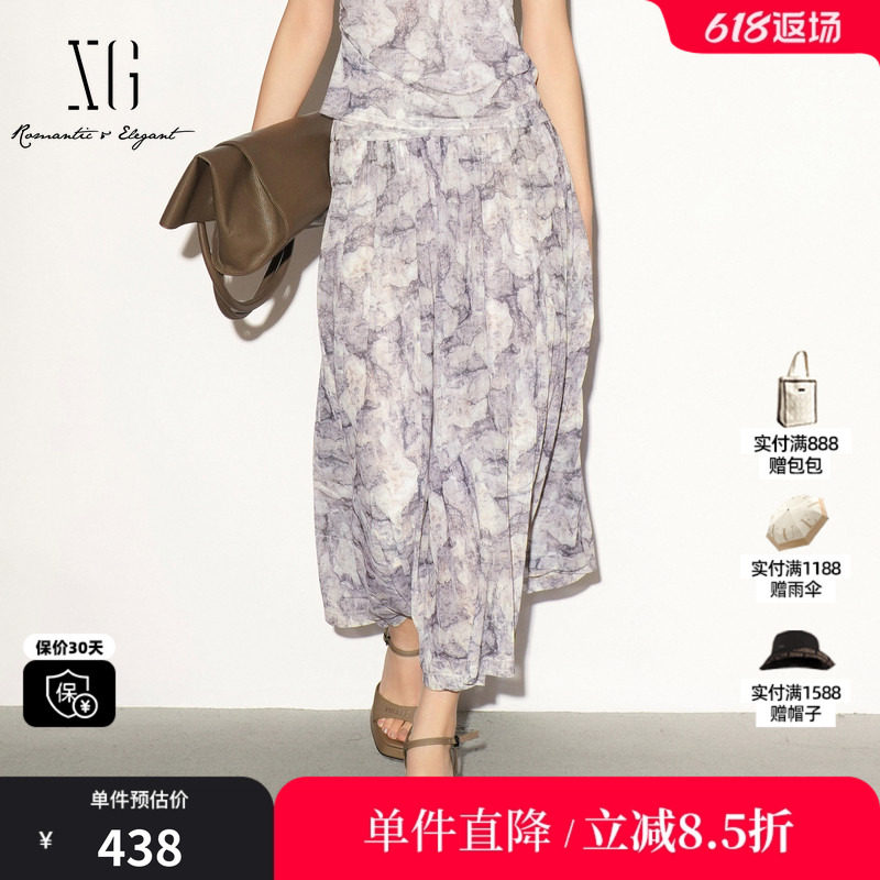XG/雪歌XL203025BE96民俗花版A字半身裙松紧中腰薄款长款伞裙女装
