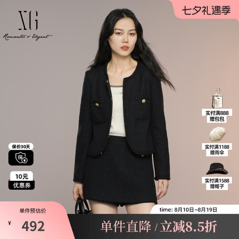 XG雪歌XK307026A390小香风长袖短外套2025秋季新款黑色短款外套女