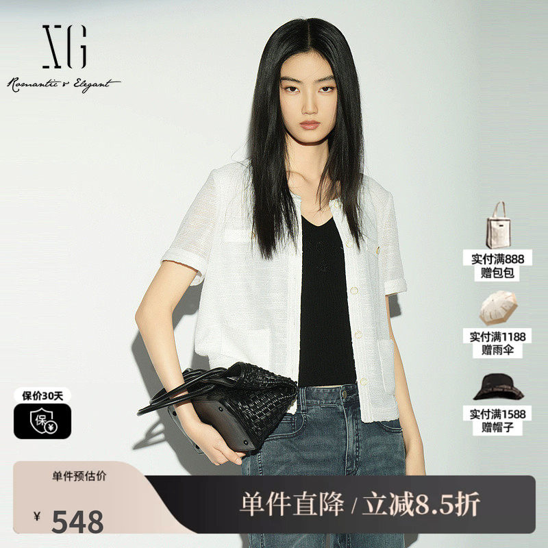 XG/雪歌XL221029A251 白色小香风圆领衬衫薄款直筒休闲短袖外套女