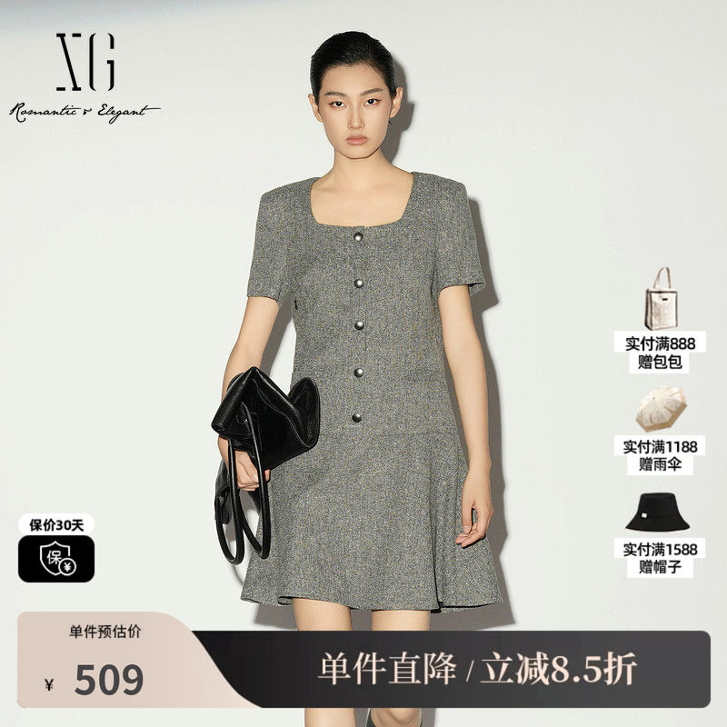XG/雪歌XL104012A284小香风连衣裙短袖方圆领气质收腰A字短裙女装