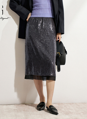 XG/雪歌XK303520A884灰色亮片直筒半身裙网纱拼接H型包臀中长裙女