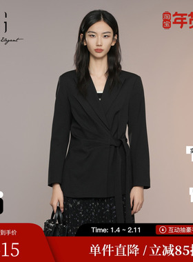 XG雪歌XK307022A490黑色褶皱休闲西装2025秋季新款系带长袖外套女