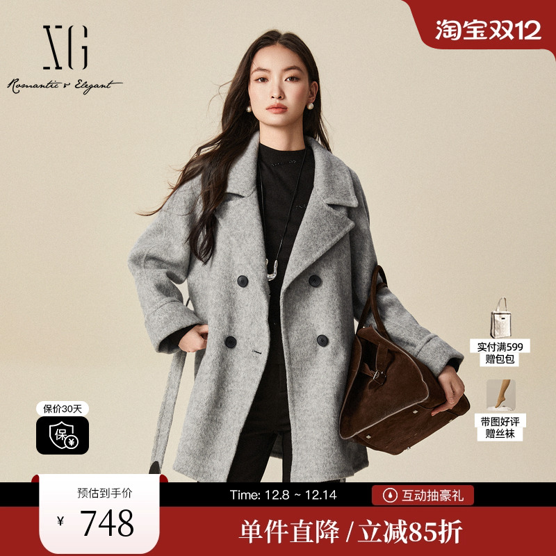 XG/雪歌XJ410037A782灰色长袖毛呢外套时尚冬季新款绵羊毛大衣女