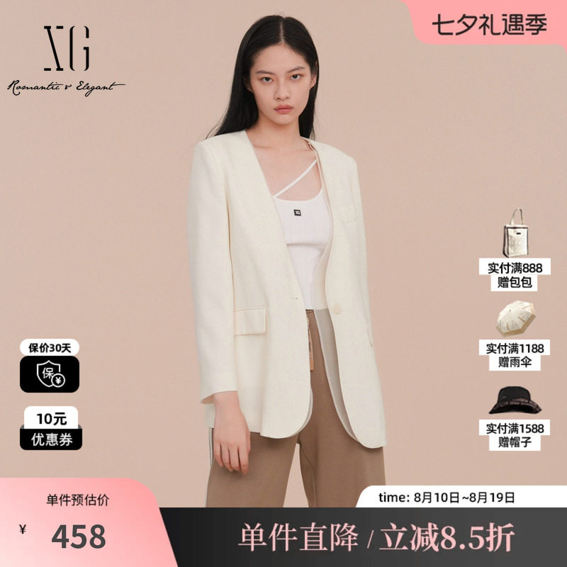 XG/雪歌XK107025A591纯醋纤V领西装网纱拼接白色职场长袖外套女装
