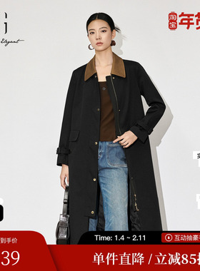 XG雪歌XK308005A690撞色翻领休闲风衣2025秋季新款长款收腰外套女