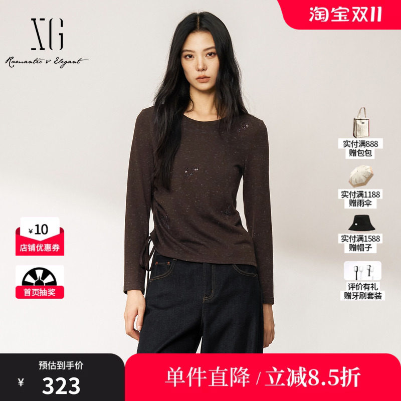 XG/雪歌XM401846A809深棕圆领侧抽绳长袖打底衫修身显瘦高弹T恤女