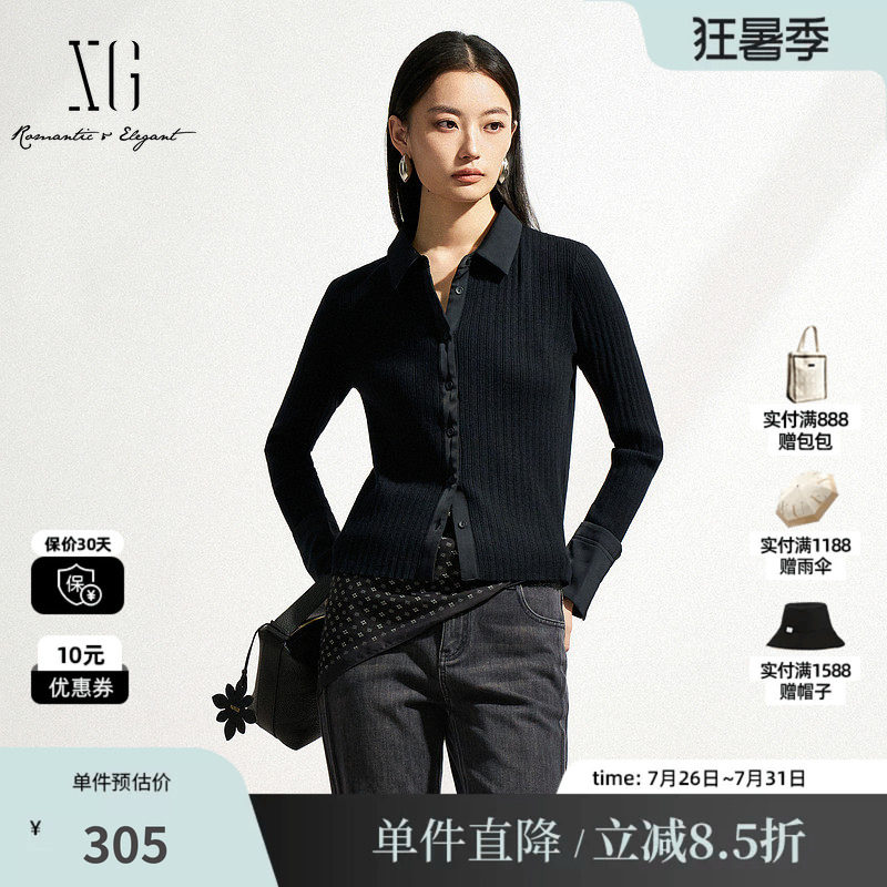 XG/雪歌XL111006A190 修身黑色毛针织衫通勤纽扣毛衣开衫外套女装