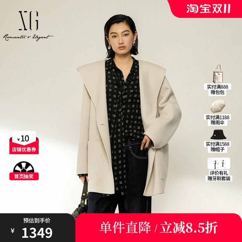 XG/雪歌 XL410014A691米白色大翻领双面呢大衣保暖百搭呢子外套女