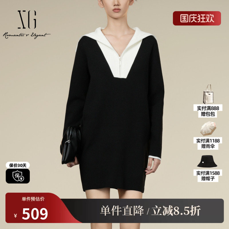 XG/雪歌XK411054B590 黑白假两件设计毛织连衣裙厚款长袖针织裙女