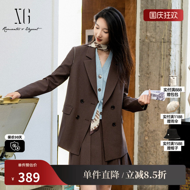 XG雪歌XK307018A572咖啡色休闲西装2025秋季新款中长款长袖外套女