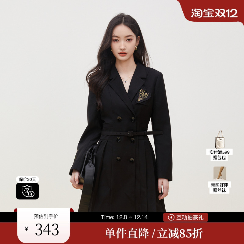 XG/雪歌XI304017A490黑色长袖连衣裙时尚秋季新款中长款西装裙女