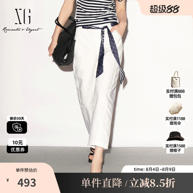 XG/雪歌XL202008A351 白色纯棉直筒休闲裤配飘带薄款阔腿九分裤女