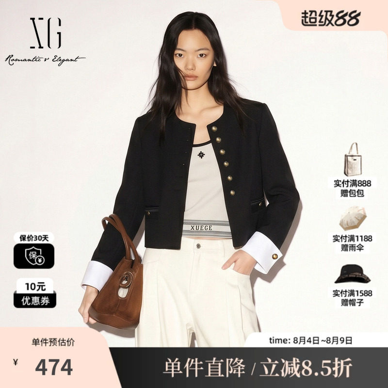 XG/雪歌 XK307727A890黑色羊毛混纺圆领长袖小香风外套气质翻袖女