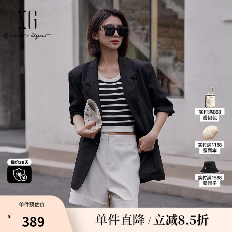 XG/雪歌XK207007A990 黑色翻领西装外套中袖卷边职场直筒短上衣女
