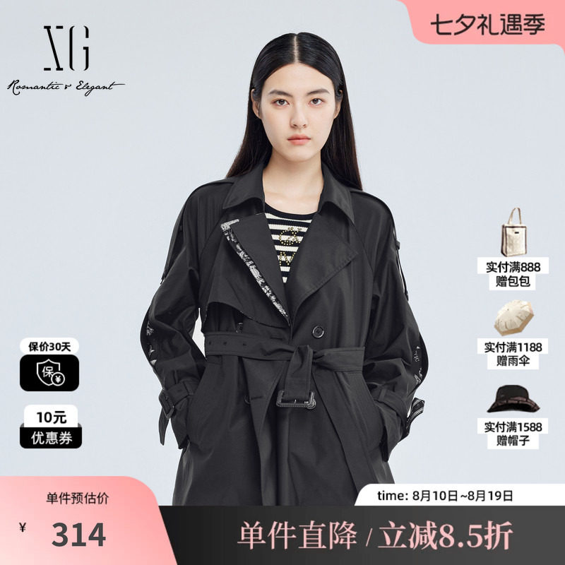 XG雪歌XJ308001A290黑色双排扣风衣时尚秋季新款收腰中长款外套女