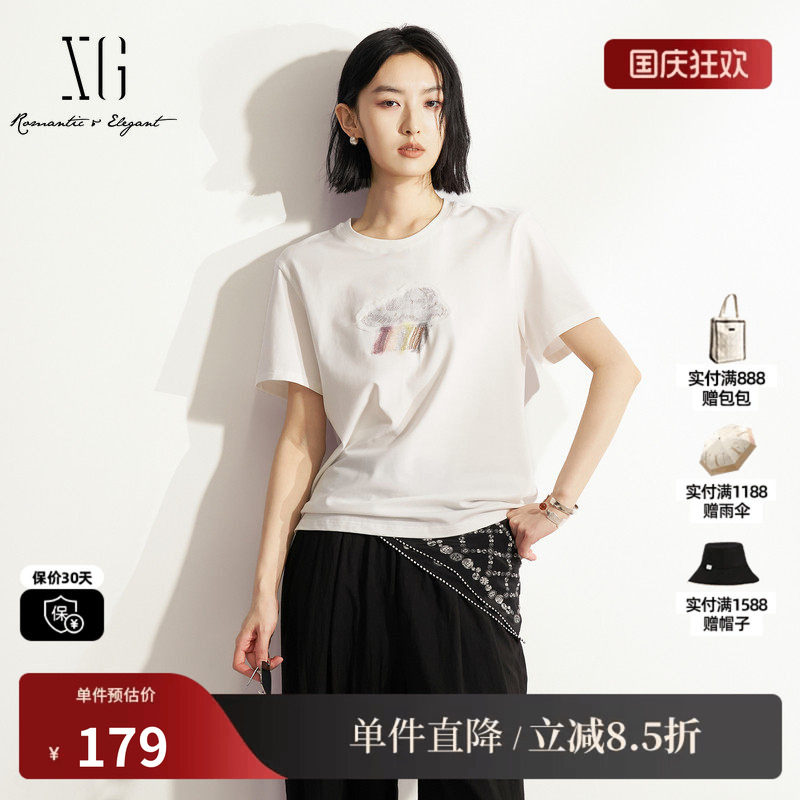 XG/雪歌XM201579A851白色棉感短袖T恤直筒轻薄款正肩简约上衣女装