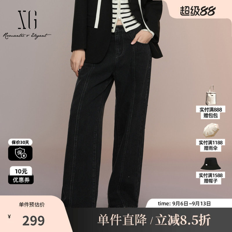 XG/雪歌XK302009A690 黑色棉感直筒牛仔裤微弹通勤百搭休闲长裤女