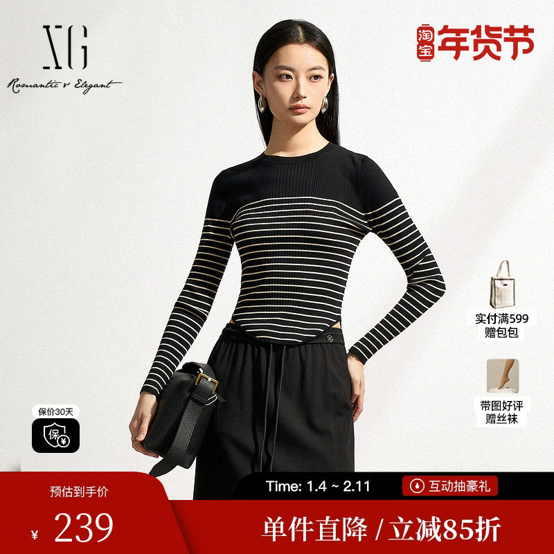 XG/雪歌XK111501A890 莱赛尔条纹针织衫黑色圆领套头毛衣打底修身