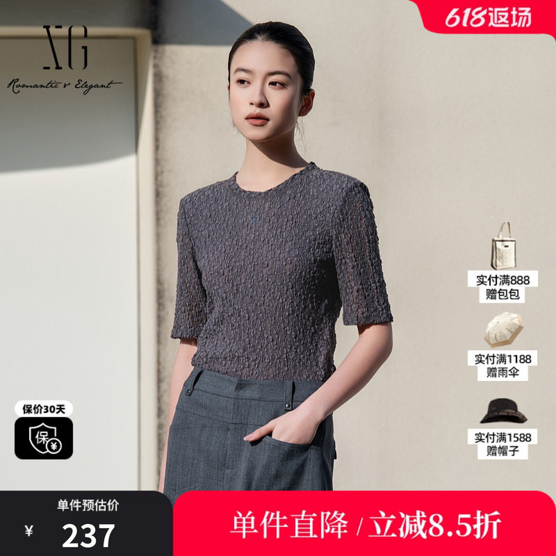 XG/雪歌XL101016A384 镂空短袖T恤圆领中袖套头搭配修身棉感T恤女