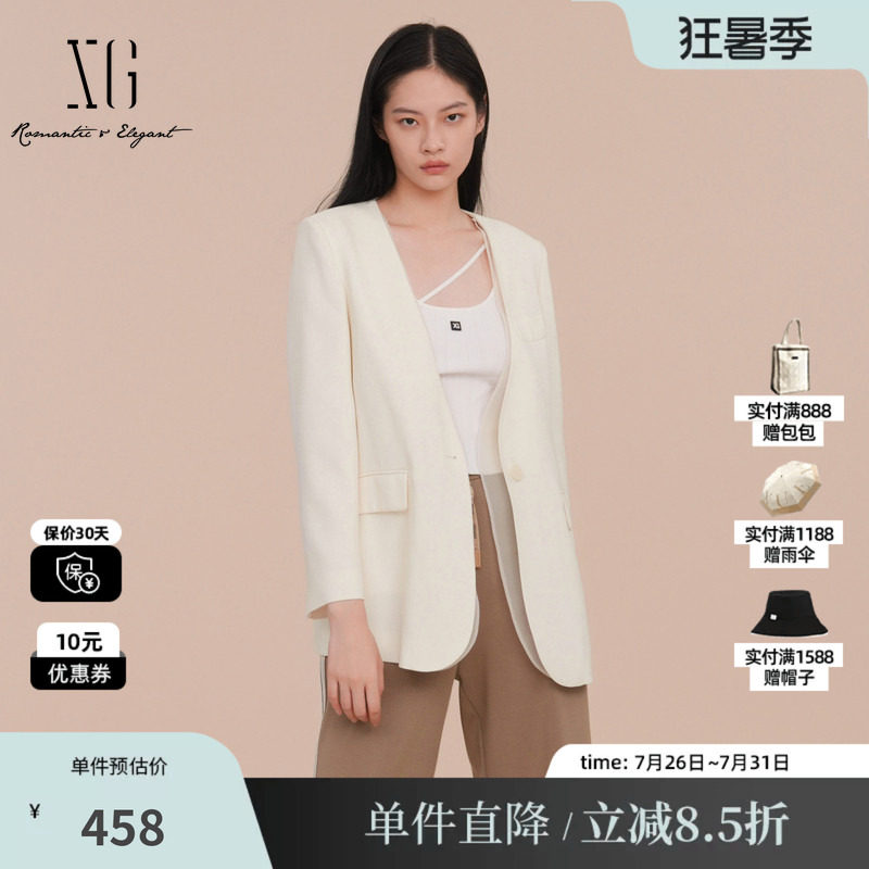 XG/雪歌XK107025A591纯醋纤V领西装网纱拼接白色职场长袖外套女装