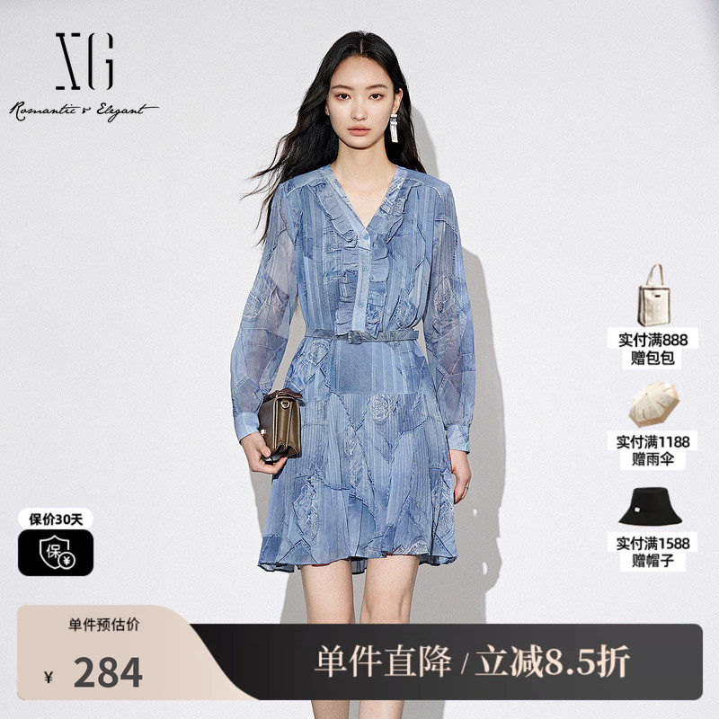 XG/雪歌XJ304019B397荷叶边长袖连衣裙时尚秋季新款百褶A字裙女装