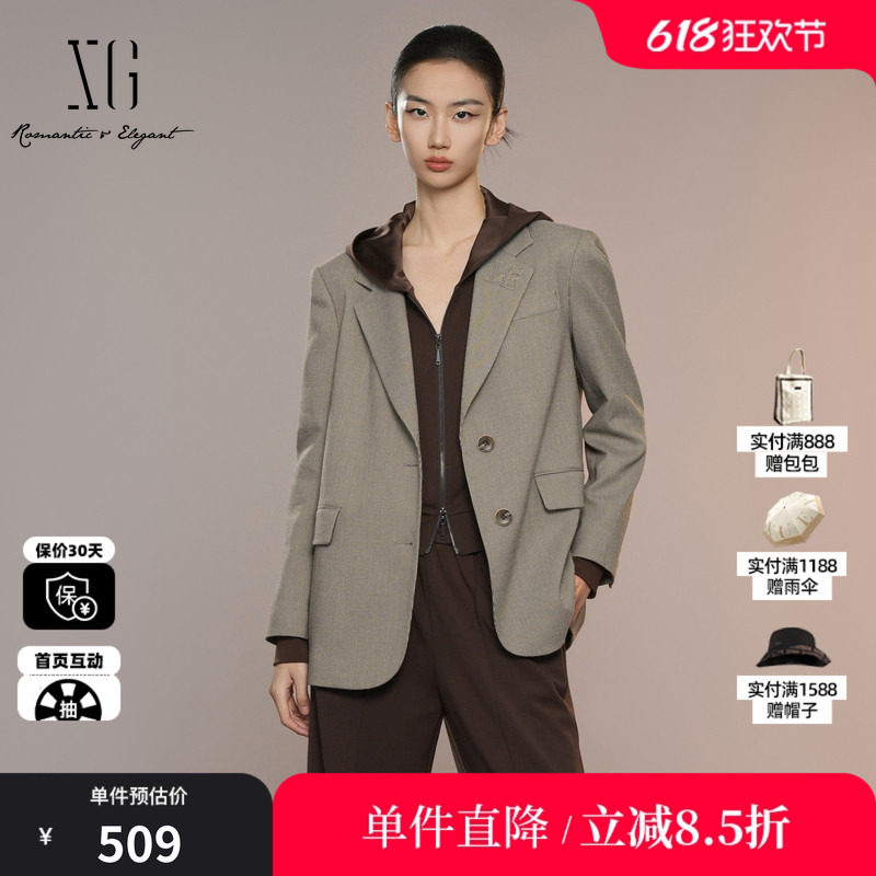 XG雪歌XK307024B595格纹休闲西装2025秋季新款翻领长袖西装外套女