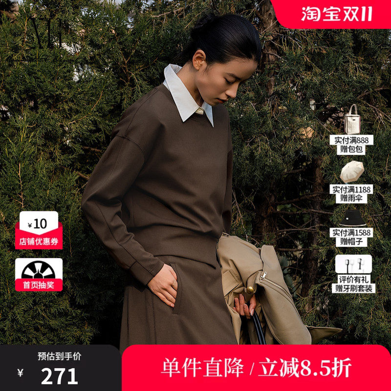 XG/雪歌XL101015A209圆领套头短款卫衣拉链开叉落肩直筒长袖T女装