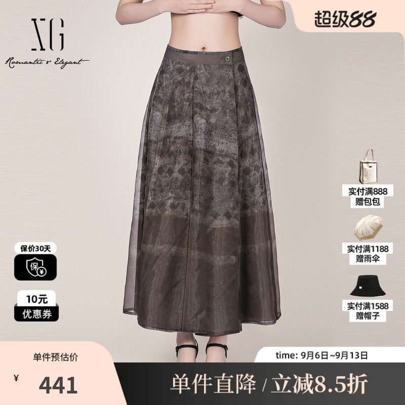 XG/雪歌XL103016B293欧根纱A伞裙中长花版高腰显瘦双层半身裙女装