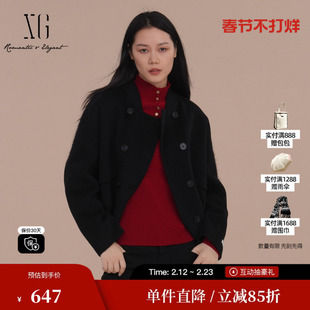 XG雪歌XJ410068A990黑色短款毛呢外套时尚冬季新款纯绵羊毛大衣女