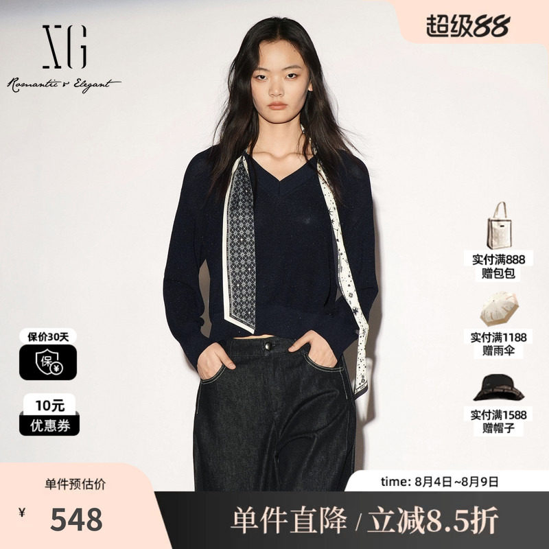 XG/雪歌XL311038A228藏青色配飘带V领长袖针织衫休闲简约毛衣女装