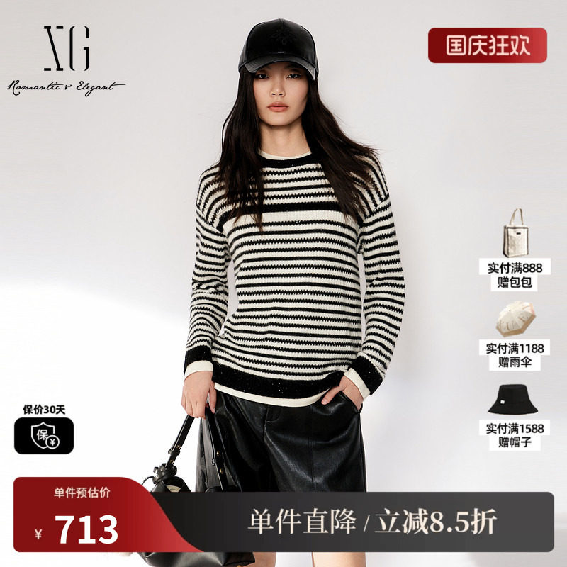 XG/雪歌 XL411020B599黑白条纹假两件圆领套头针织衫休闲毛衣女装