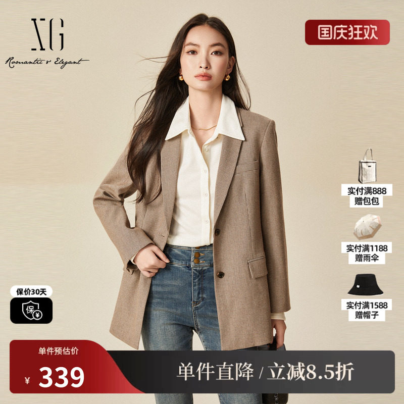 XG雪歌XJ407033B105复古格纹长袖西装时尚冬季新款翻领长袖外套女