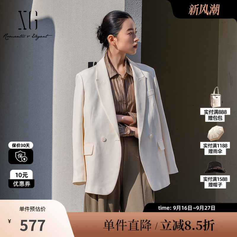 XG/雪歌XL107007A191米白色西装2026春季新款中长款长袖外套女装