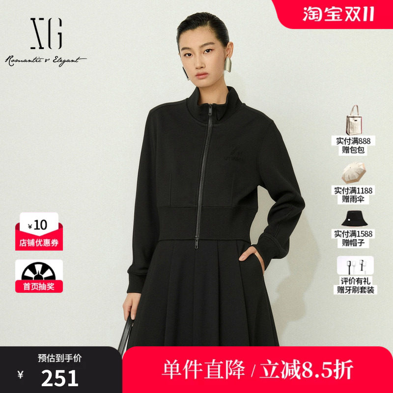 XG/雪歌 XK407815A890黑色棉感立领拉链短款直筒外套休闲夹克女装