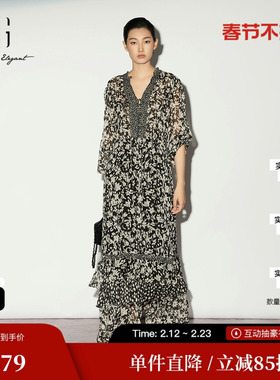 XG/雪歌XL104009B394花版高腰连衣裙碎花V领灯笼袖中袖长伞裙女装