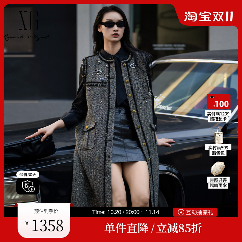 XG/雪歌XK424002A383绵羊毛长款马夹2025冬季新款无袖亚麻马甲女