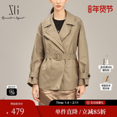 雪歌XK108002A209 卡其色一手长风衣棉感直筒宽松腰带长外套女