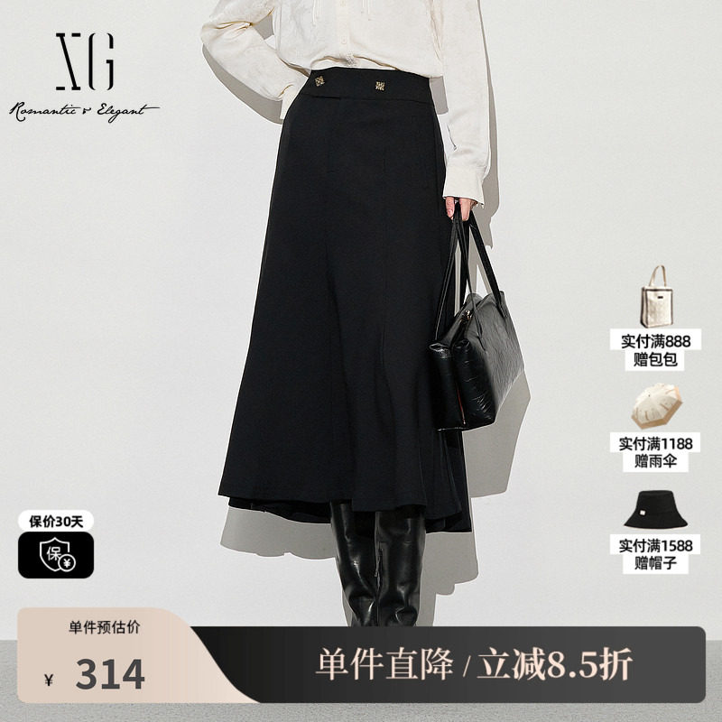 XG/雪歌XJ303020A590中长款黑色半身裙时尚秋季新款高腰A字裙女装