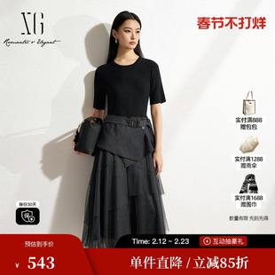 XG/雪歌XK104012B683假两件短袖连衣裙2025春季新款网纱中长裙女