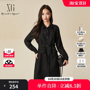 XG/雪歌XJ404012A690 黑长袖羊毛混纺连衣裙创意拼接中款直筒裙女