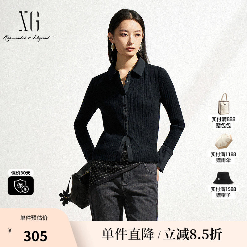 XG/雪歌XL111006A190 修身黑色毛针织衫通勤纽扣毛衣开衫外套女装